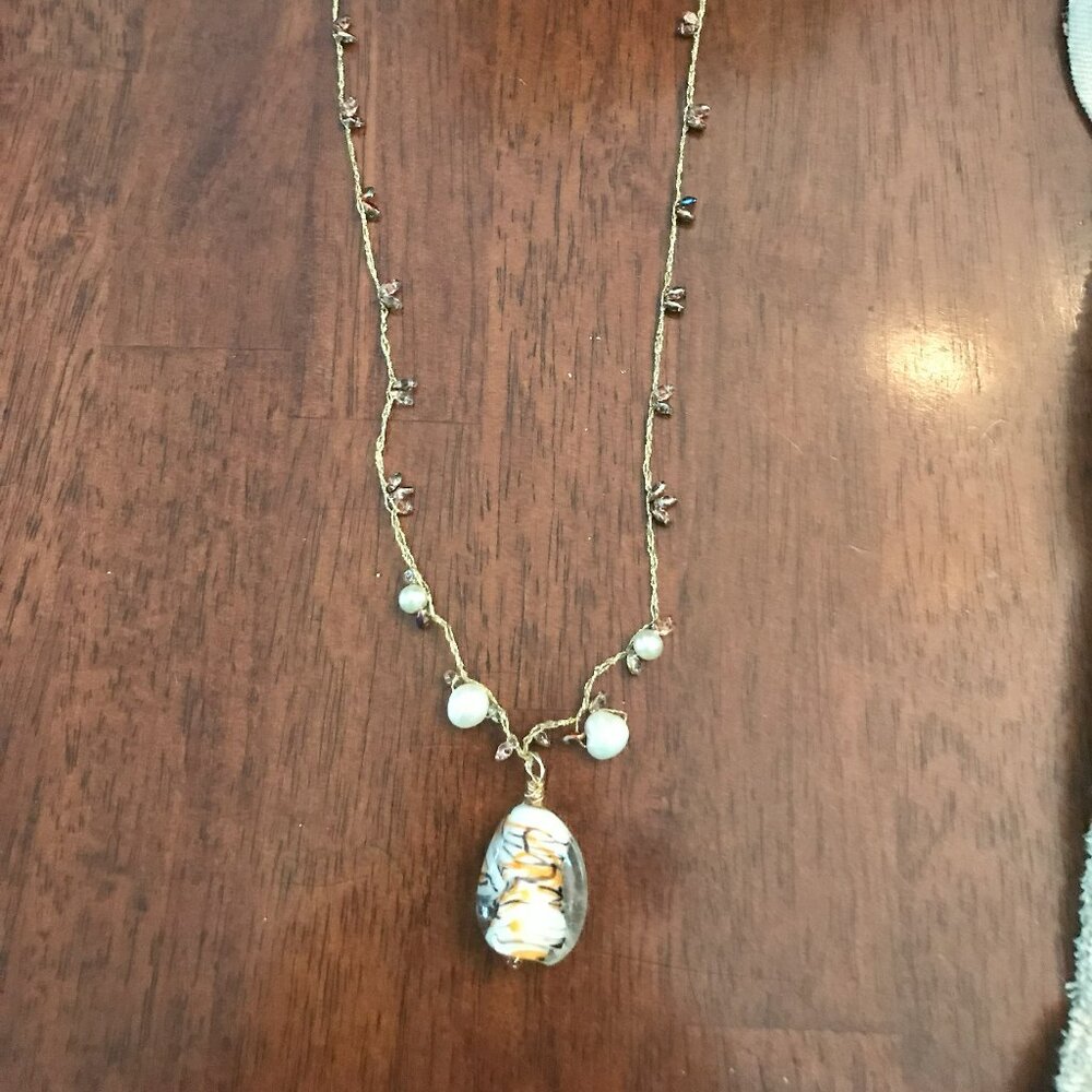 Orange, white, black and clear Fused glass pendant necklace